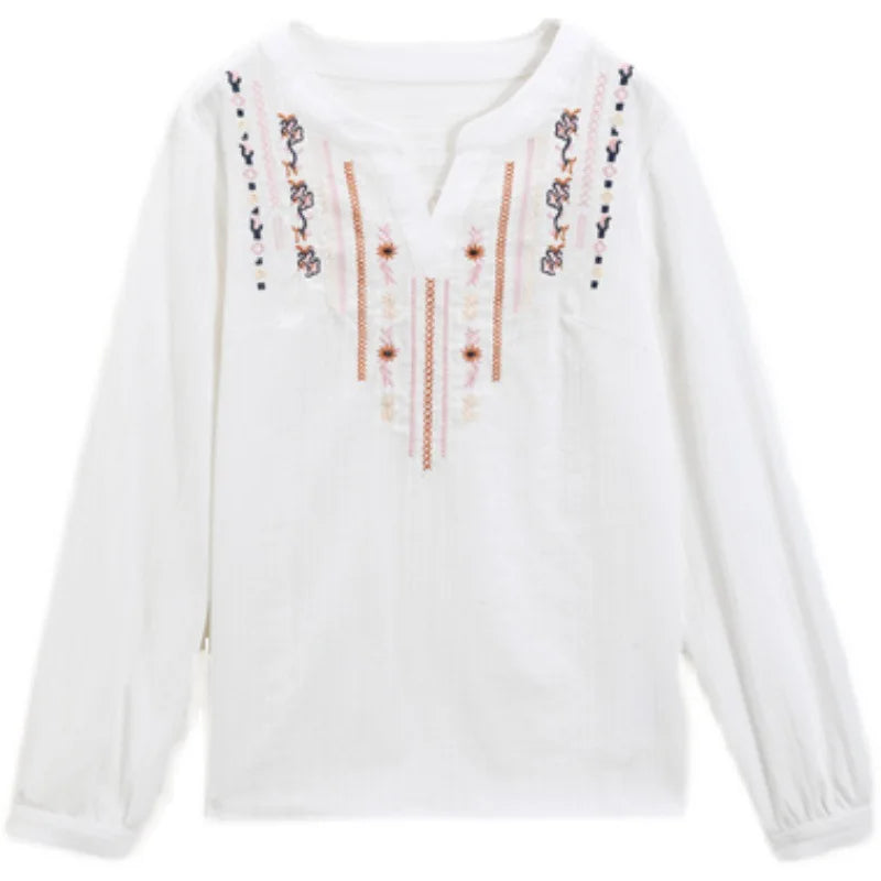 Women Spring Autumn White Blouses Tops Lady Casual Embroidery V-Neck Long Sleeve Vintage Loose Blusas Top