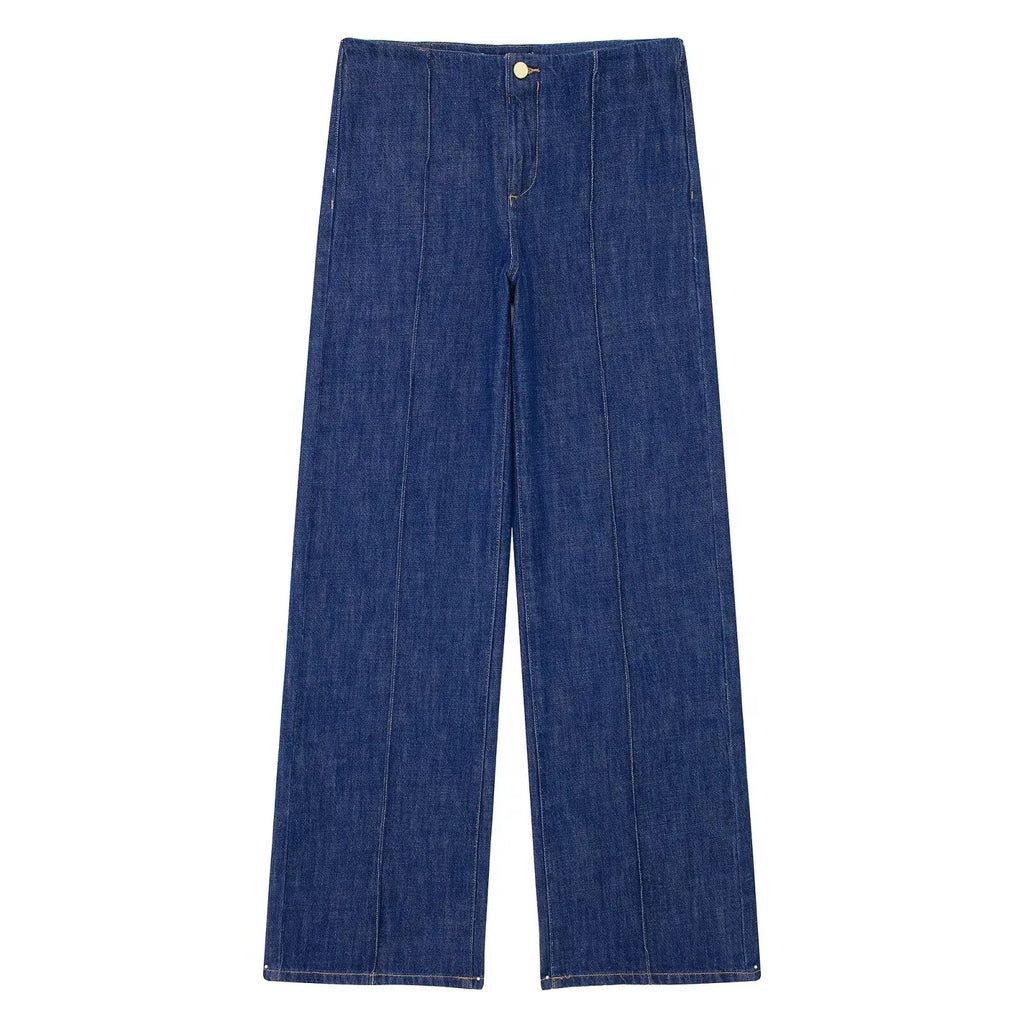HH 2024 Spring Women 2 Piece Denim Trousers Suits Solid O Neck Coat Top + Pockets Elegant Female Straight Wide Leg Long Pant