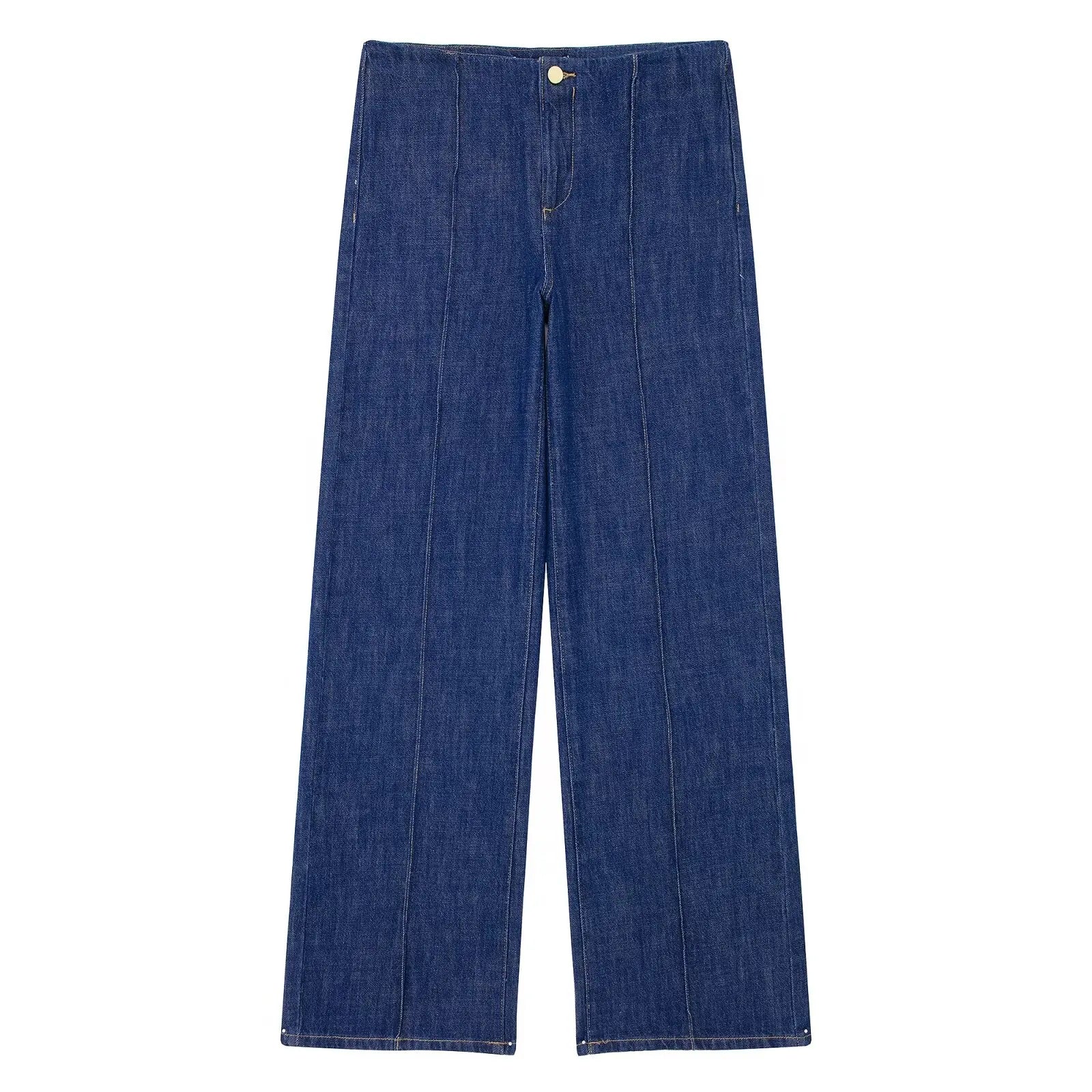 HH 2024 Spring Women 2 Piece Denim Trousers Suits Solid O Neck Coat Top + Pockets Elegant Female Straight Wide Leg Long Pant
