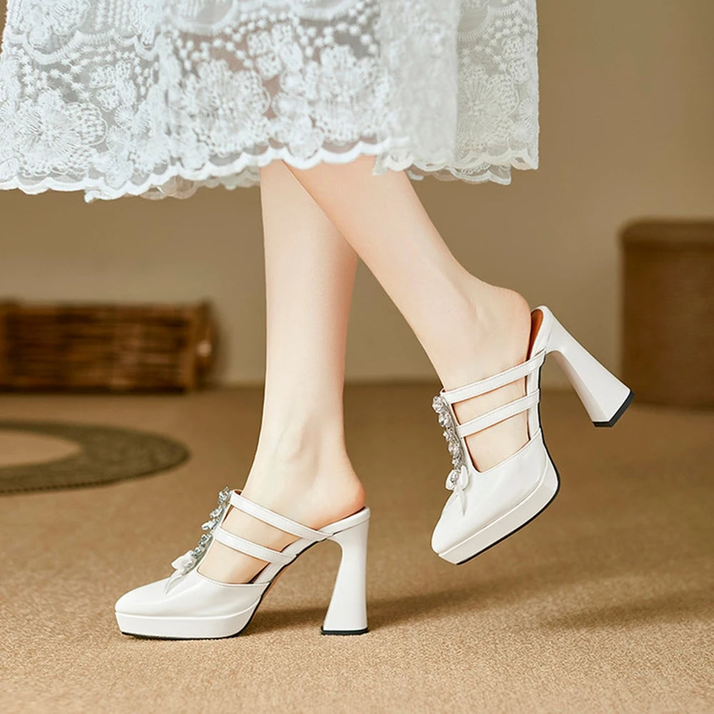 Thick High Heels Sandals Women Genuine Leather Fashion Rhinestone Bow Pointed Dress Wedding Party Dress Pumps Shoes 898-222