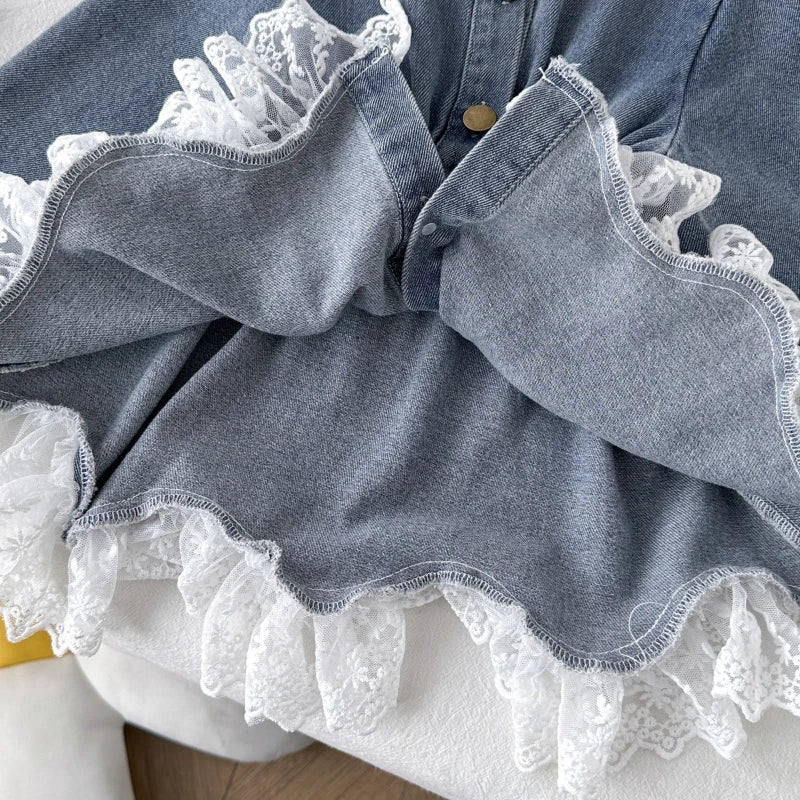 Girls' Denim Jacket 2025 Autumn Korean Version New Girls' Lace Patchwork Long Jacket