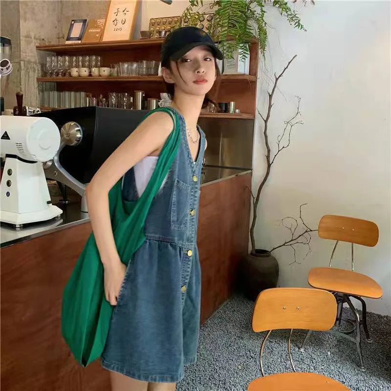 Women Sleeveless Denim Dresses Harajuku Loose Single-Breasted V-Neck Dress Woman 2025 Summer New Pocket Beach Sling Jean Dress