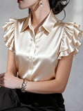 Women Elegant Satin Ruffle Sleeve Button Down Blouse Turn Down Collar Office Work Casual Shirt Top