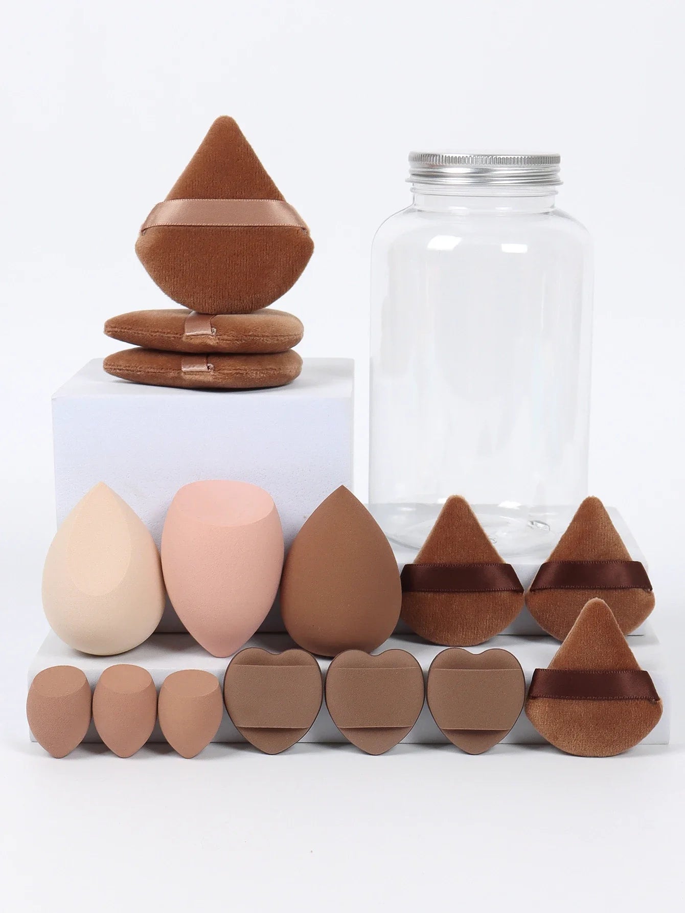 15Pcs Premium Powder Puffs with Storage Jar - Makeup Blending Sponges Set for Face Foundation & Loose Powder Kit