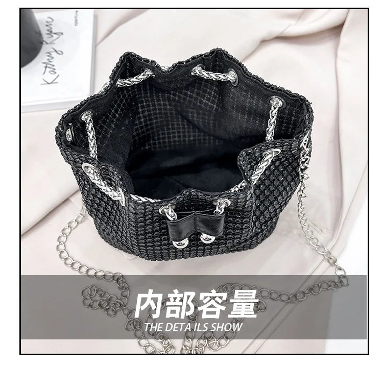 Women Luxury Shoulder Bag Solid Color Rhinestone Glittering Satchel Bag Drawstring Shinny Sling Purse Dinner Party Bag