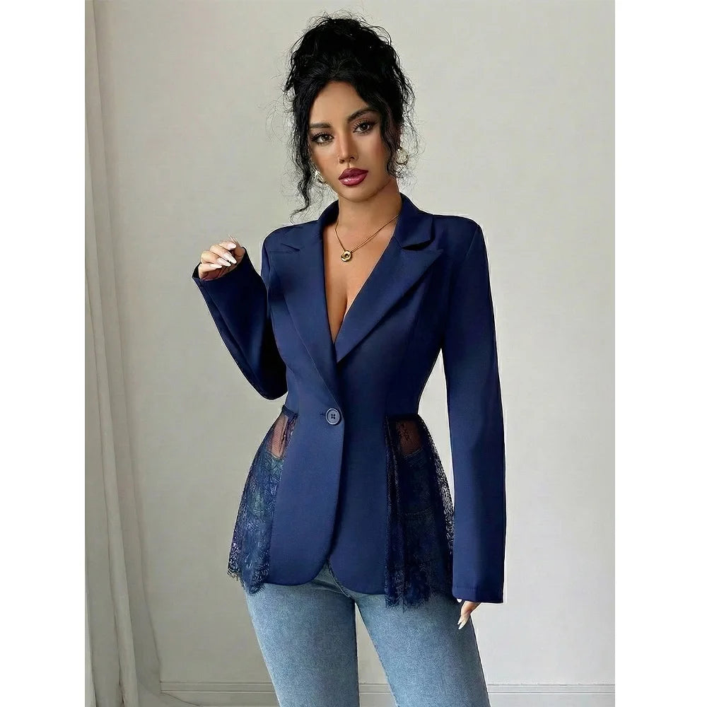 Women Elegant Blazer Suits Ladies Spring Autumn Long Sleeve Single Button Jackets Coats with Lace Hem