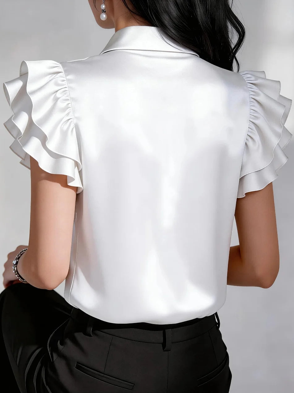 Women Elegant Satin Ruffle Sleeve Button Down Blouse Turn Down Collar Office Work Casual Shirt Top