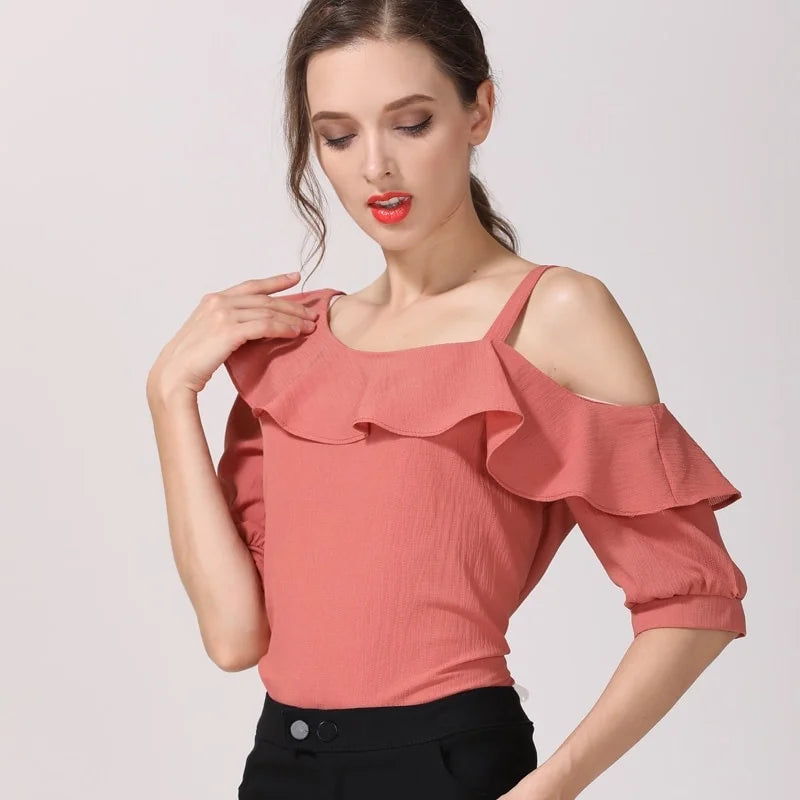 Fashion Women Blouses Sexy Slash Neck Chiffon Women Blouse Shirt Short Sleeve Summer Ladies Tops