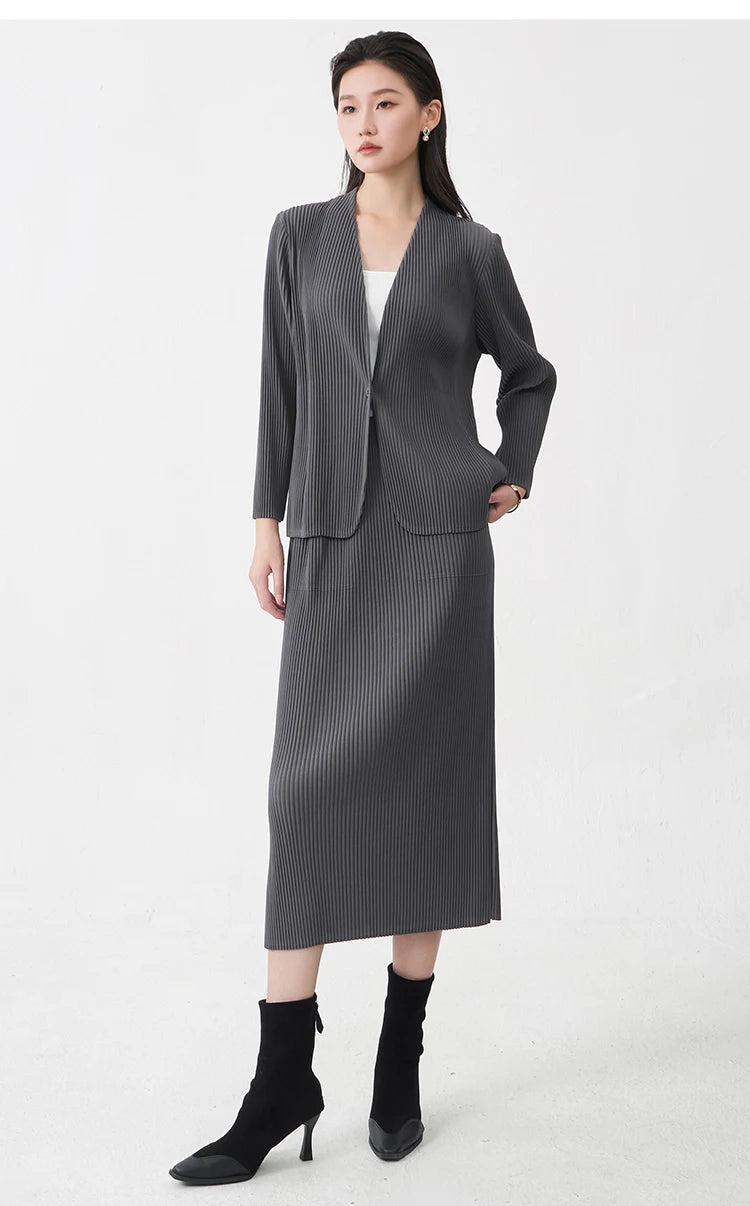 Fast Shipping Women's Fashion Set High Quality Top and Skirt Two Piece Office Set Miyake Pleated Set