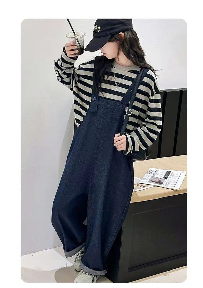 Girls 2 Piece Outfit Korean Style Kids Striped Long Sleeve T-shirt + Loose Denim Overalls Set Spring Autumn Children's Clothing