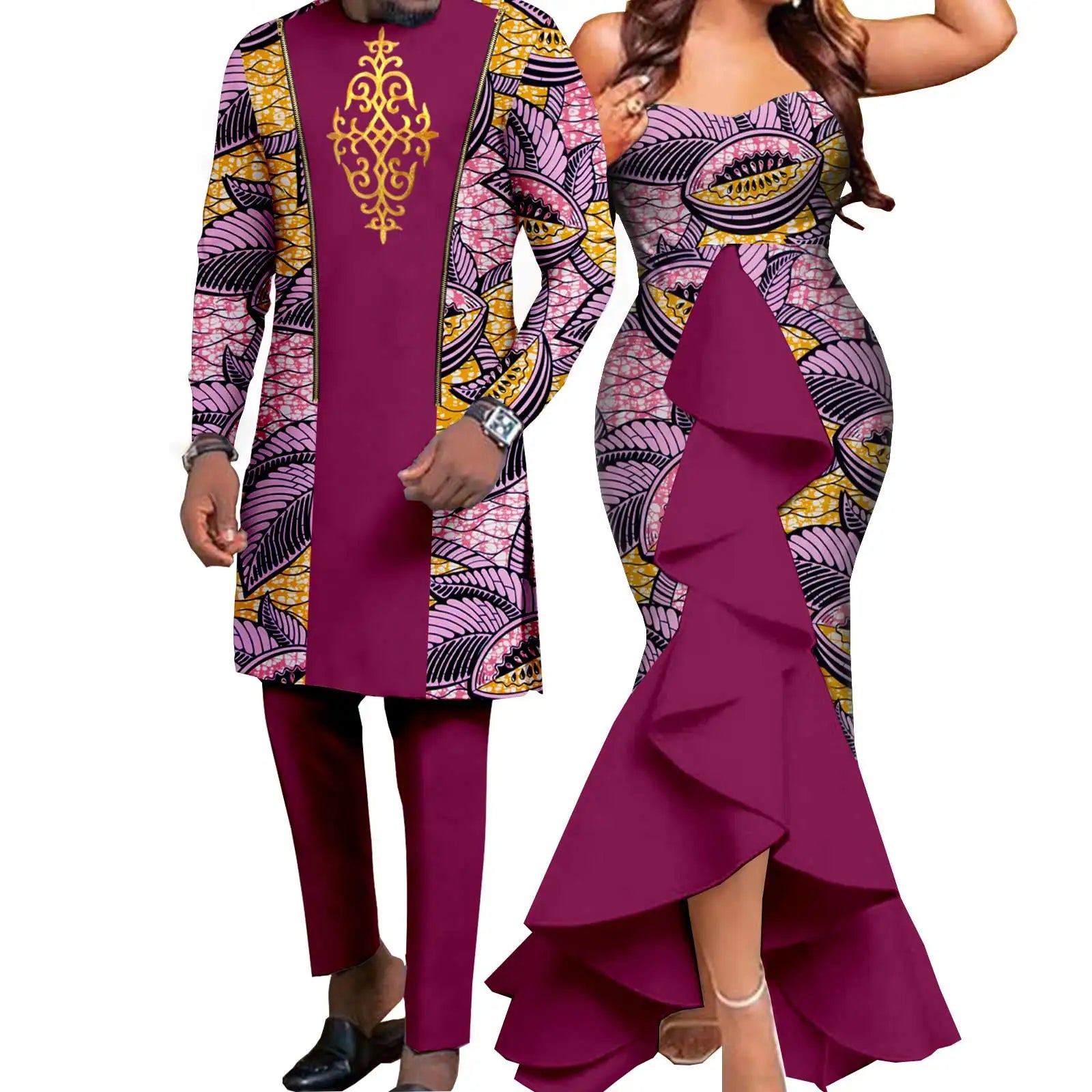 Dashiki African Women Mermaid Dresses Matching Men Outfits Pant Sets Bazin Riche African Couple Clothes for Wedding Y22C080