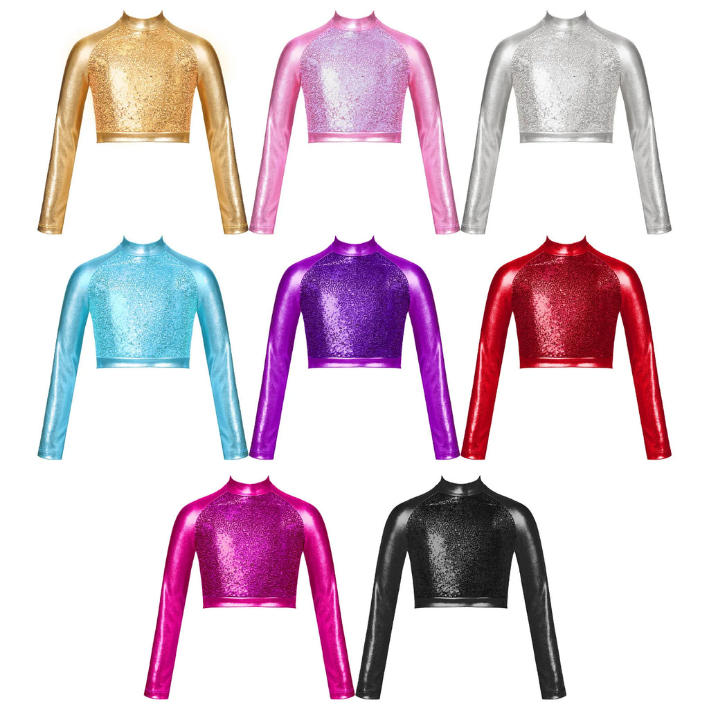 Kids Girls Shiny Metallic Crop Top Mock Neck Long Sleeve Front Sequin Fully Lined Athletic T-Shirts Jazz Hip-hop Dance Tops