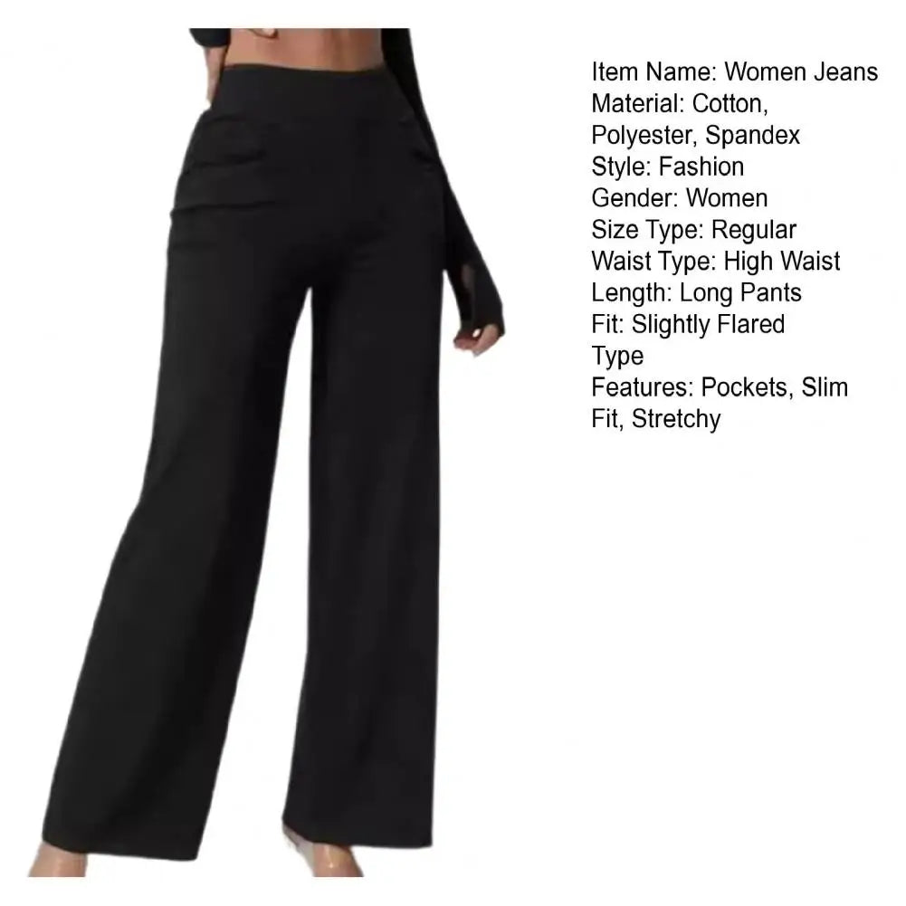 Women Jeans Elastic High Waist Slim Fit Slightly Flared Pull-On Wide Leg Long Denim Pants With Pockets Solid Color Female Jeans