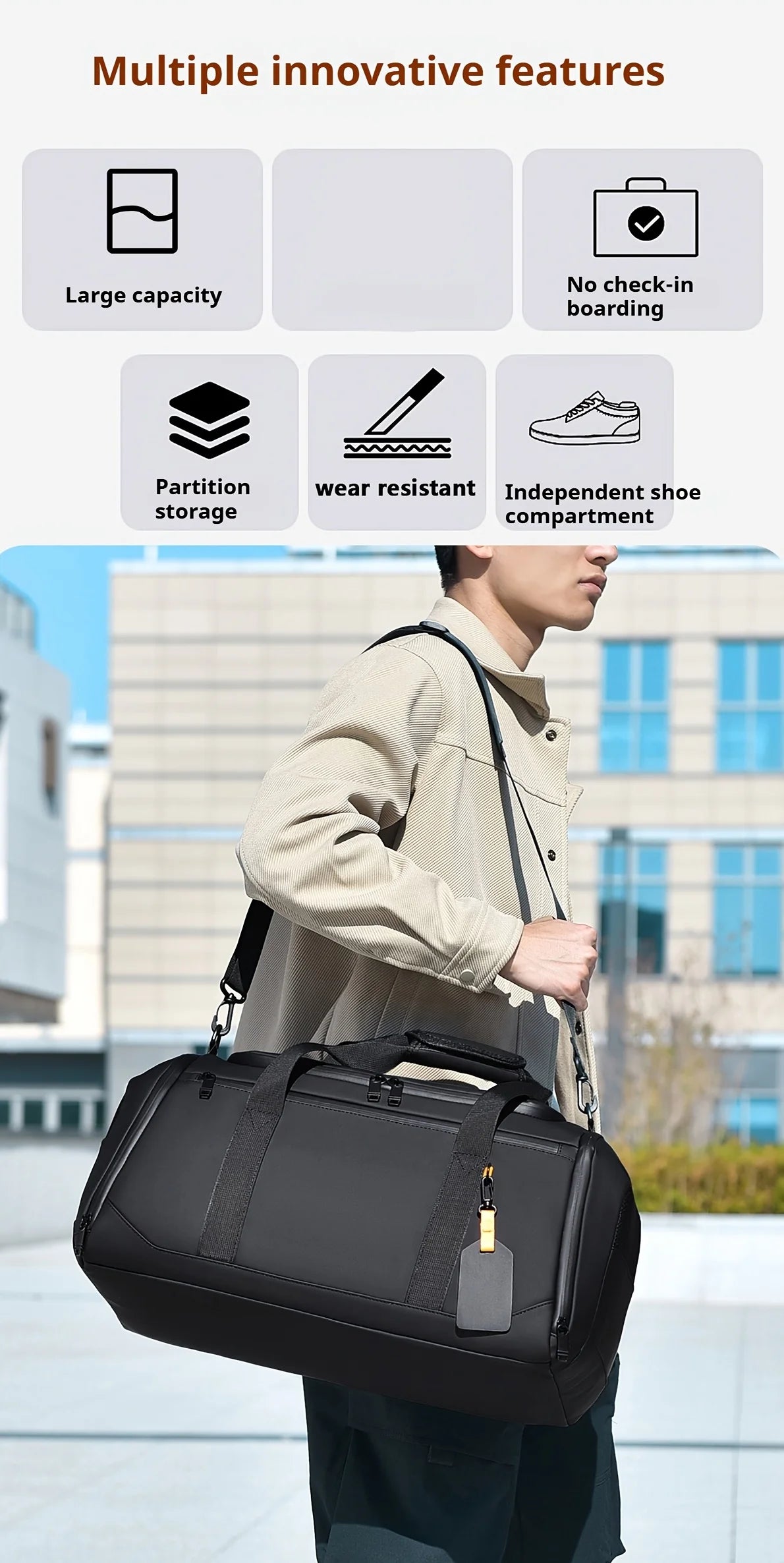 Large Capacity Carry on Travel Bag for Men Spacious Sports Gym Bag with Multiple Compartments Weekend Overnight Duffel Bag