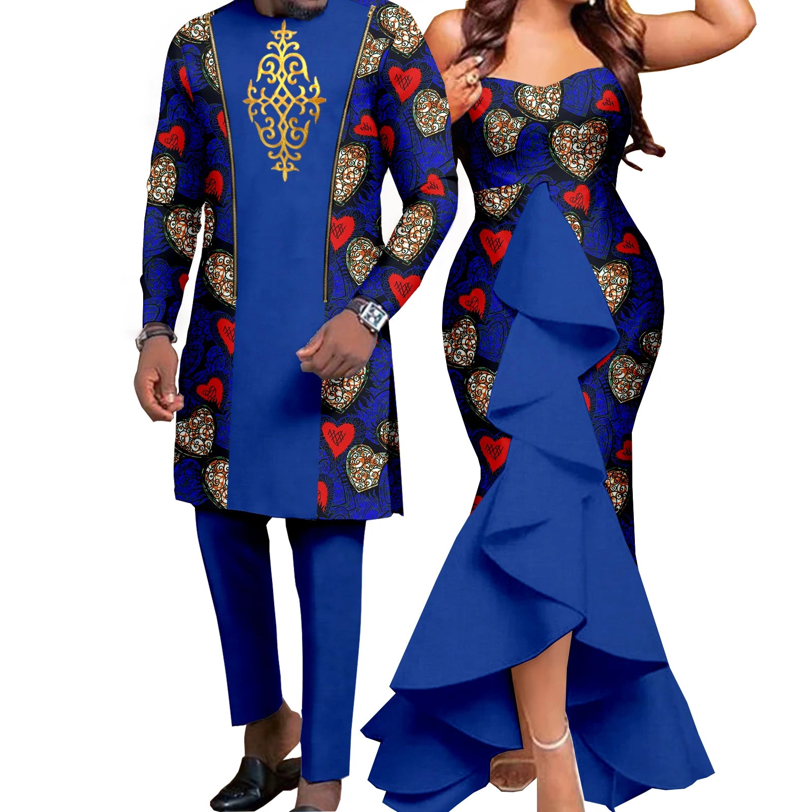 Dashiki African Women Mermaid Dresses Matching Men Outfits Pant Sets Bazin Riche African Couple Clothes for Wedding Y22C080