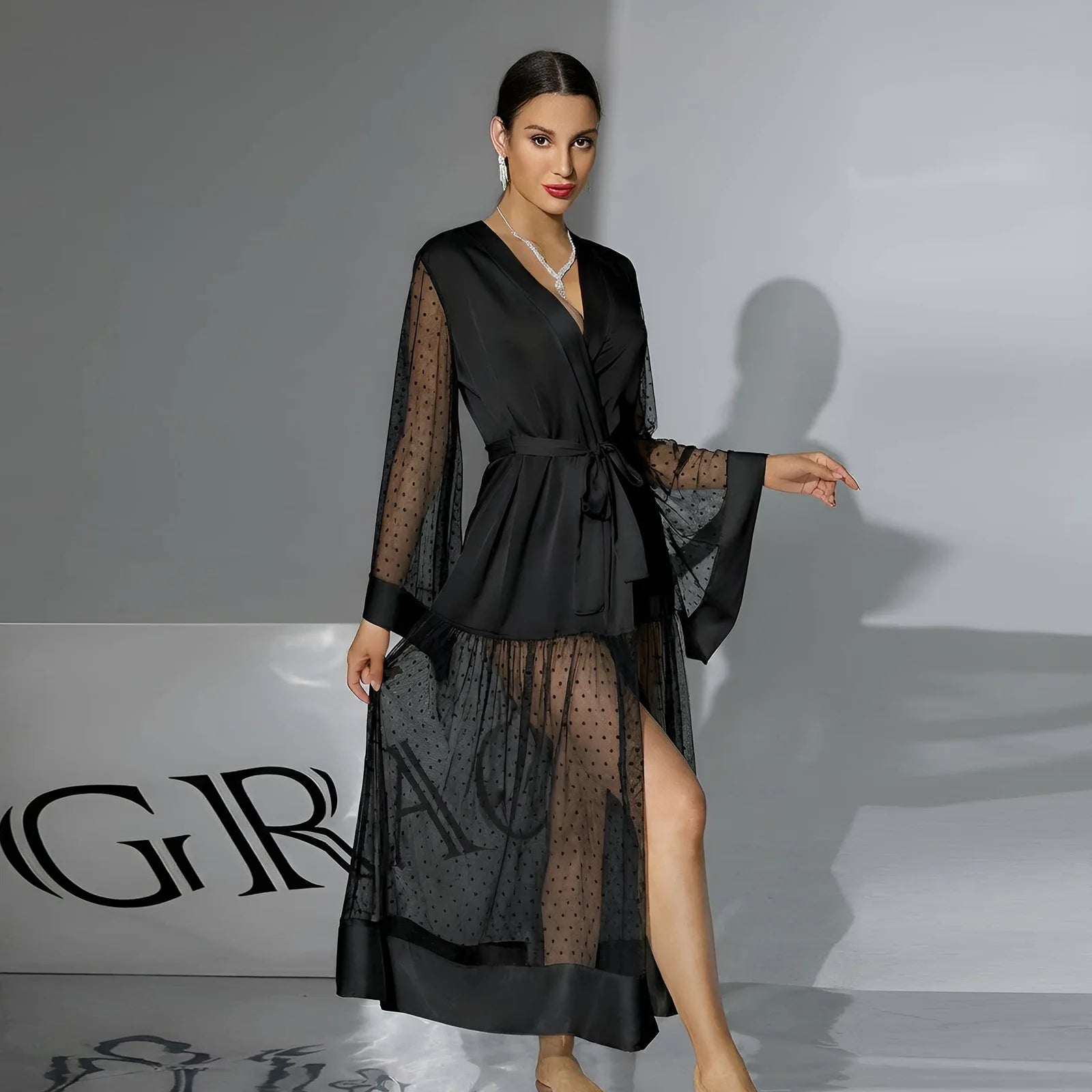 Summer Women Sexy Mesh Maxi Dress V-Neck Belted Polka Dot Sheer Robe Flare Sleeve Party Wedding Nightgown Beach Cover Up Vestido