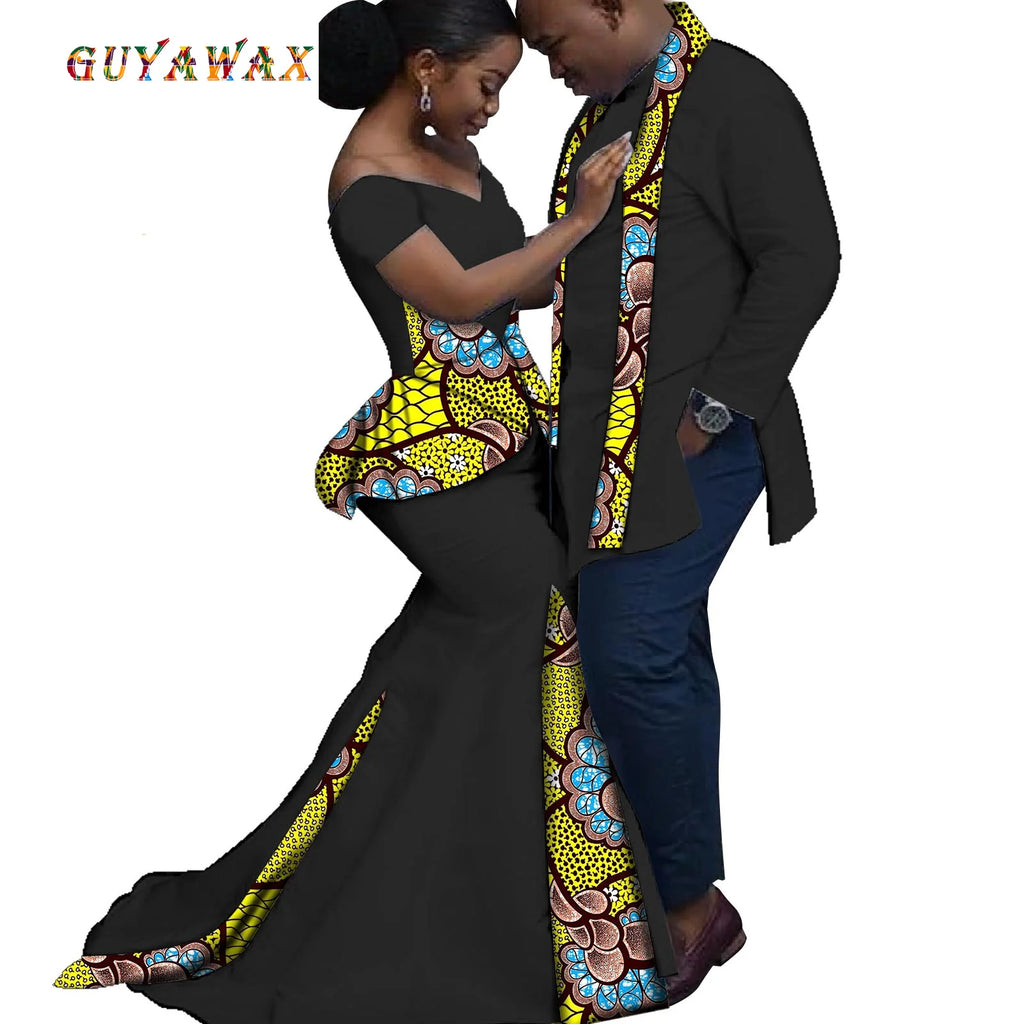 Dashiki Couple African Clothes Matching Clothes for Couples Women Ankara Print Party Dresses Fashion Men Top and Scarf Suits