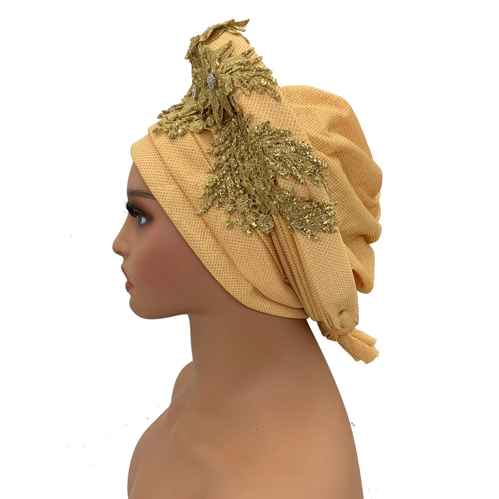 Elegant African Autogele Women's Turban Cap Nigeria Wedding Gele Ready to Wear Headtie with Embroidery Lace Party Headwear