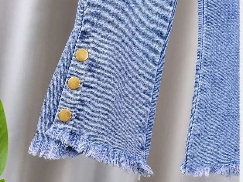 Jeans for Kids Girls Trousers Spring Autumn 2023 New Bow Bell-bottomed Stretch Princess pants for children Girl Denim Pants