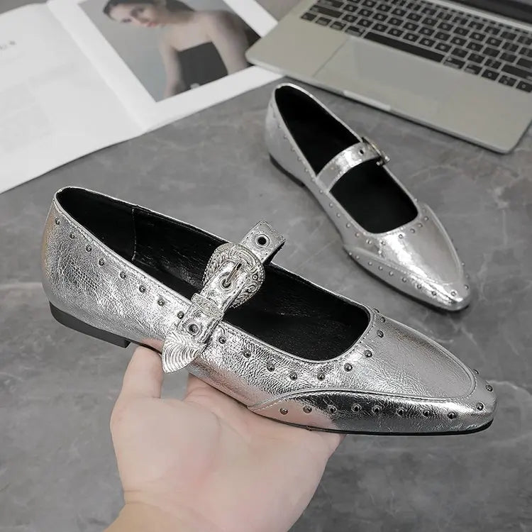 Women's Dance Shoes, Lightweight Punk Rivet Mary Jane Flats, Metallic Pointed Toe Casual Shoes for Festival,Party and Streetwear