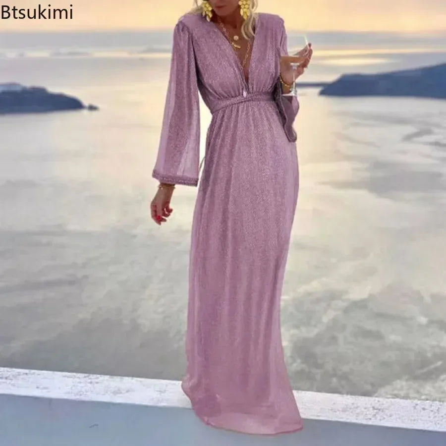 New 2026 Women's Sexy Evening Dresses Deep V-neck Gold Elegant Dress Female Wedding Party Long Formal Prom Party Gowns Vestidos