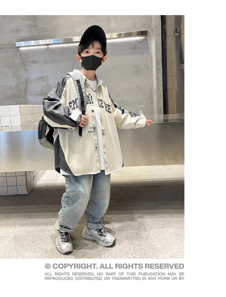 Korean Children Loose Style Long Sleeve Shirt for Teenage Boy Casual Spring Autumn Clothing School Kids Blouses Age 5 To 14 Y