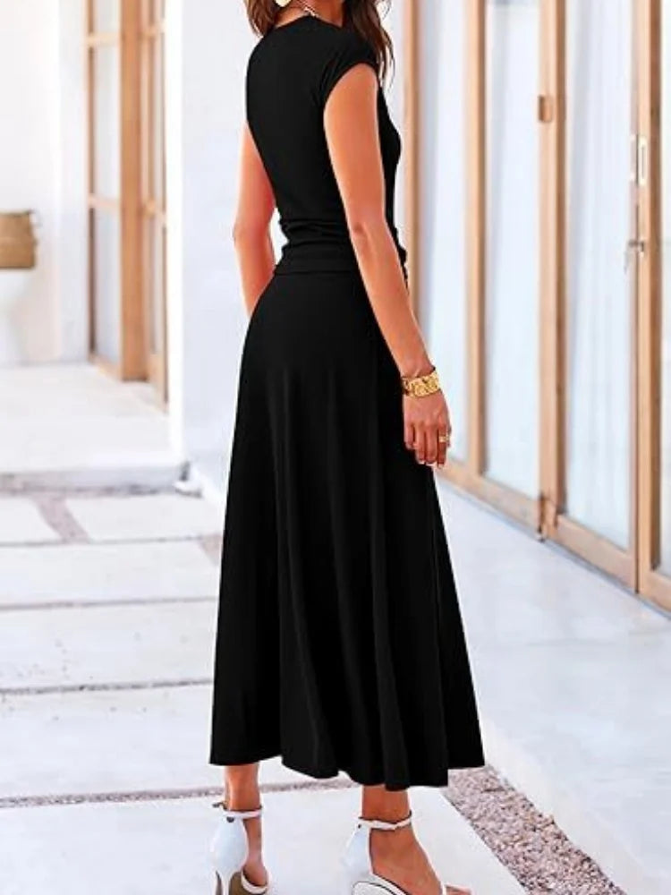 Women Elegant Maxi Dress O Neck Cap Sleeve Ruched Waist A-Line Long Dress Solid Black Casual Party Evening Sundress