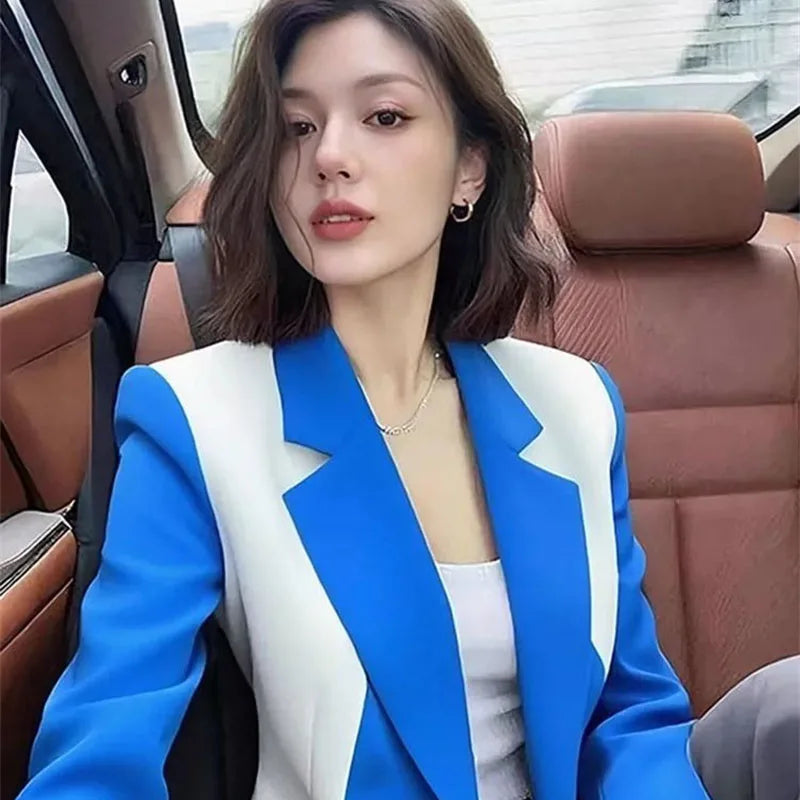 Women's suit jacket Blazer professional suit 2026 spring autumn good-looking design sense blue white contrasting suit coat top