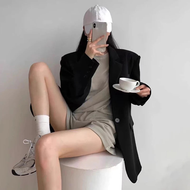 High-End Black Blazers for Women Spring Autumn Korean Chic Single Button Suit Jackets Woman Temperament Office Lady Blazer Coat