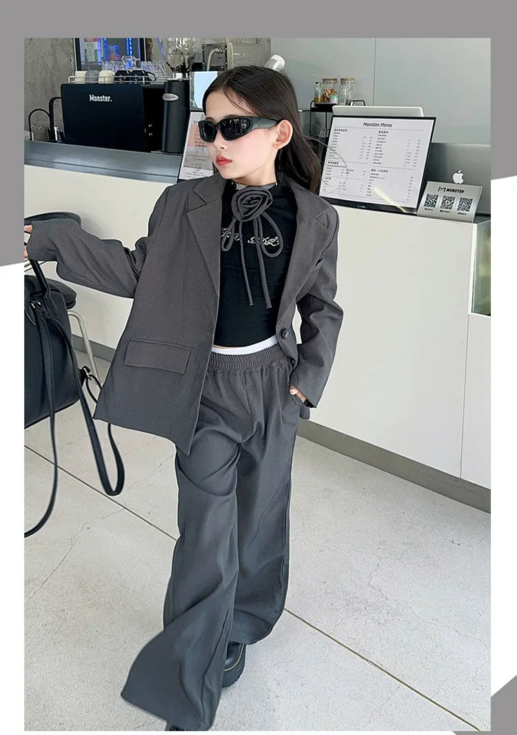 8 10 12 14 teenage Girl suit set Blazer+Wide leg pants 2pcs junior kid clothes suits children clothing girls outfit sets Costume