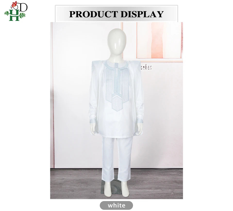 2025 New African Traditional Clothes For Kids Boy White Blue 3 PCS Set Long Sleeve Tops Embroidery Dashiki Robe Shirt Pant Child