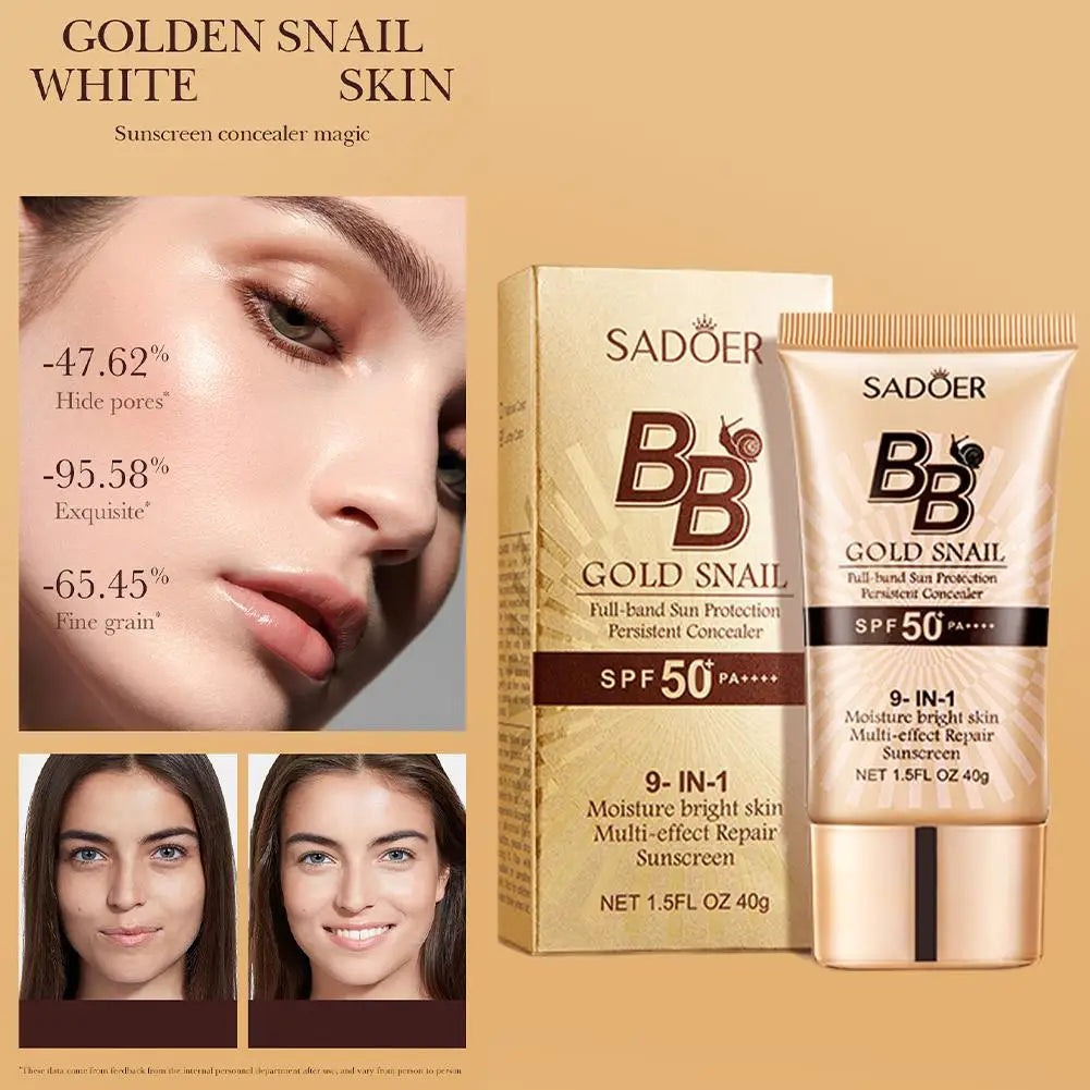 SPF50+ Gold Snail Sunscreen BB Cream Whitening Foundation Concealer Moisturizing Long Lasting Even Skin Tone Makeup Base Primer