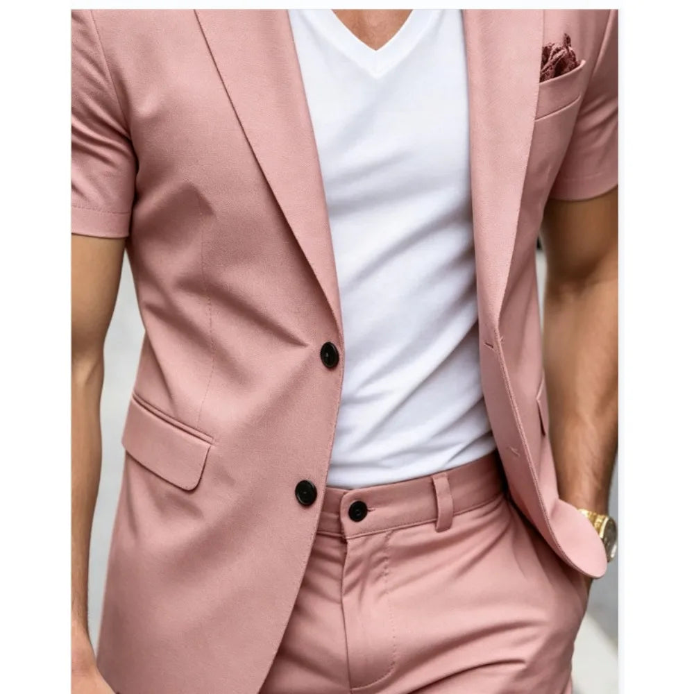 Summer Men Suits With Short Sleeves Short Pants Slim Fit Casual Blazer Shorts Set Fashion Menswear for Holiday Business Casual