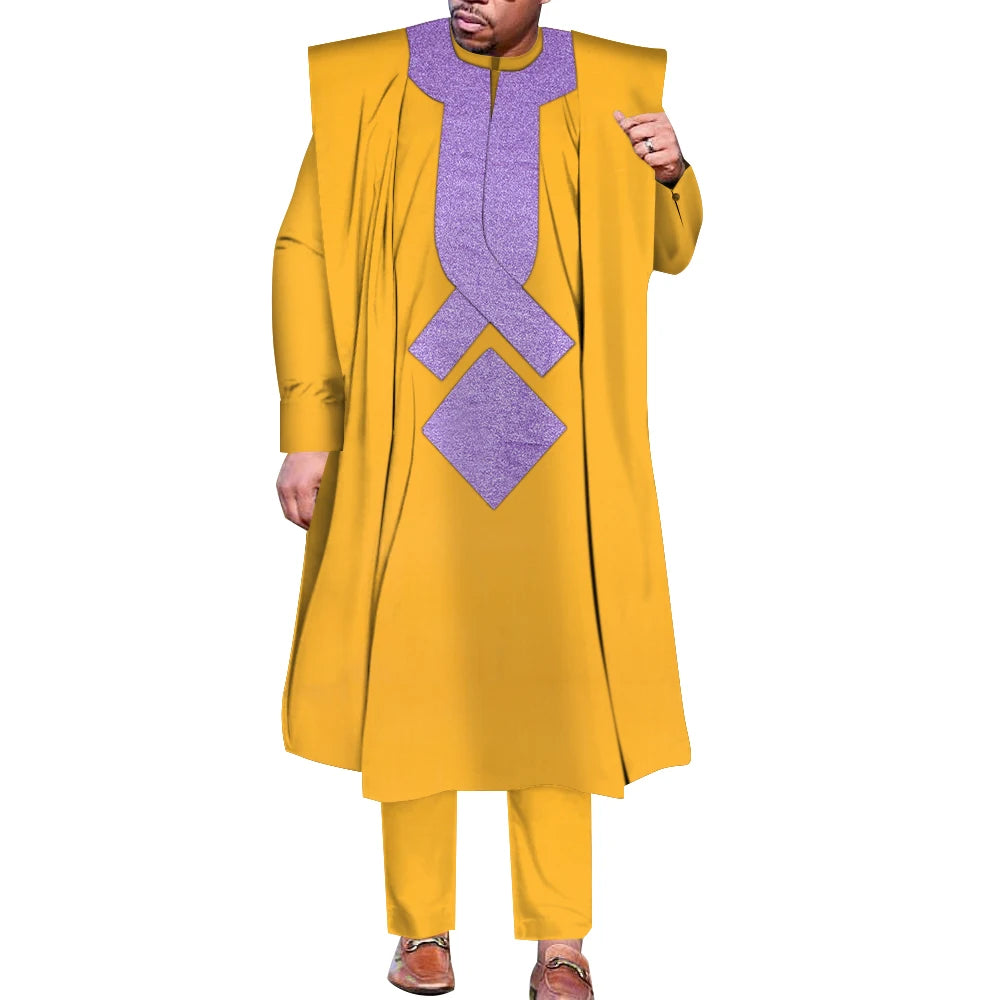 African Men Boubou Dashiki Agbada Robe Suits 3 Piece Sets Slim Men African Outfit Nigerian Clothes Bazin Riche Robe WYN1361