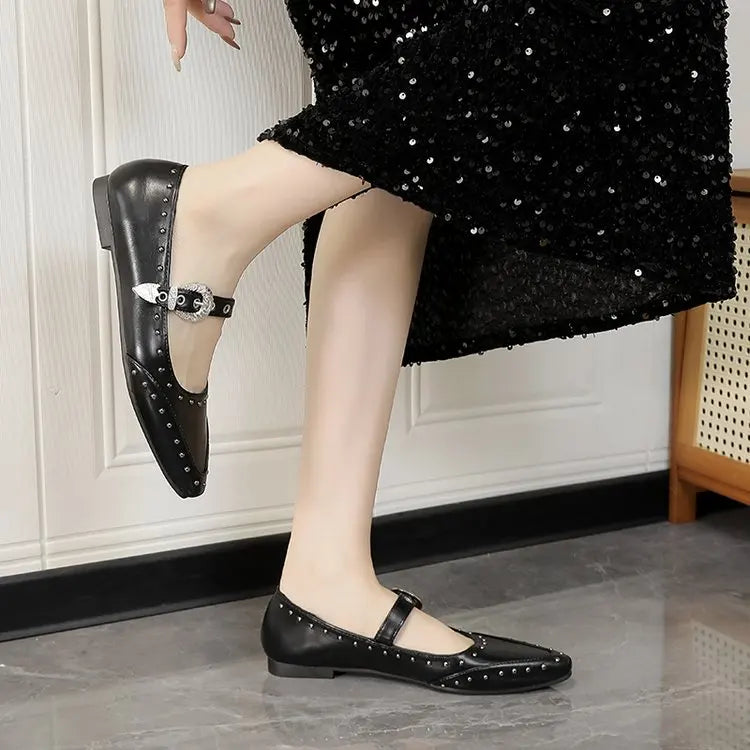 Women's Dance Shoes, Lightweight Punk Rivet Mary Jane Flats, Metallic Pointed Toe Casual Shoes for Festival,Party and Streetwear