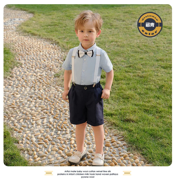 Kid Formal Strap Shirt Shorts Bowtie Clothing Set Gentleman Baby Toddler Tracksuit Elegant Boys Outfit Suit For Wedding Children