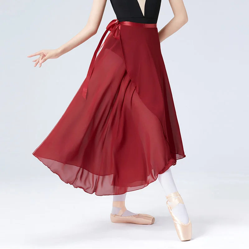 Dance Skirt Women Long Chiffon Ballet Skirts Adult Ballroom Dance Skirt Black Burgundy Ballet Costume Waist Tie Dress