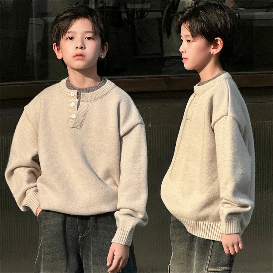 Child Minimalism Style V-Neck Sweater for Tween Boy Beige Grey Color Knitwear Korean Kids Spring Autumn Casual Knitted Clothing