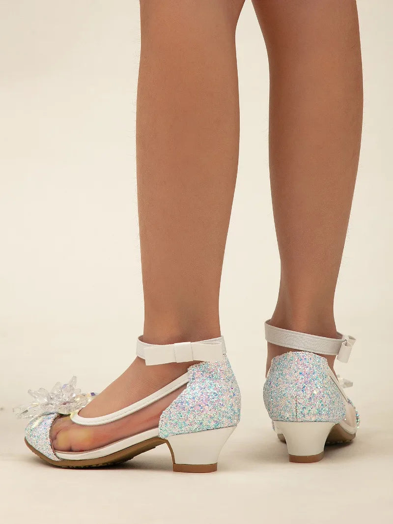 2025 New Girl's High Heel Shoes Ankle-strap Bowknot Children Princess Shoes Fashion Sequins Kids Leather Shoes for Wedding Party