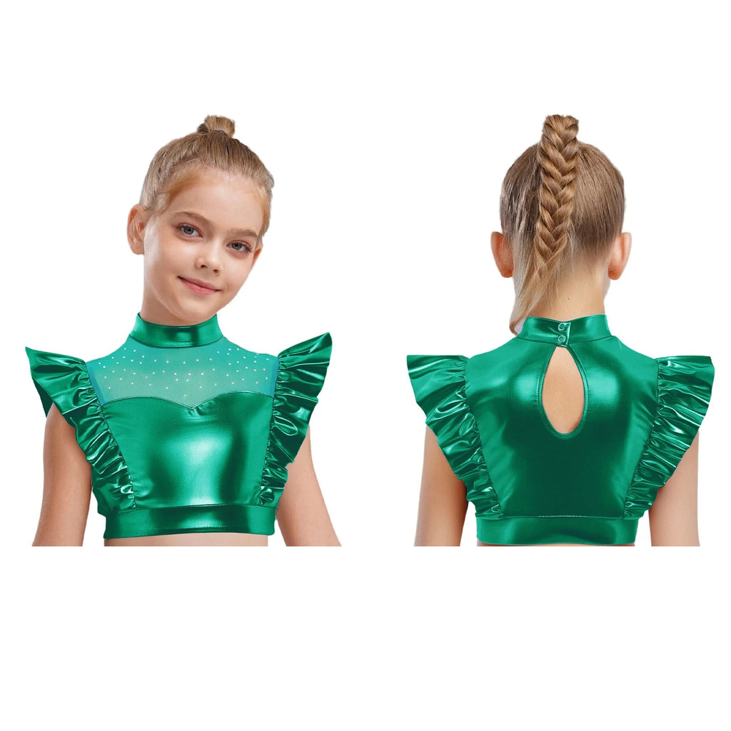 Kids Girls Metallic Shirts Party Disco Jazz Dance Tops Mock Neck Mesh Splice Shiny Rhinestone Sleeveless Ruffle Tank Crop Tops