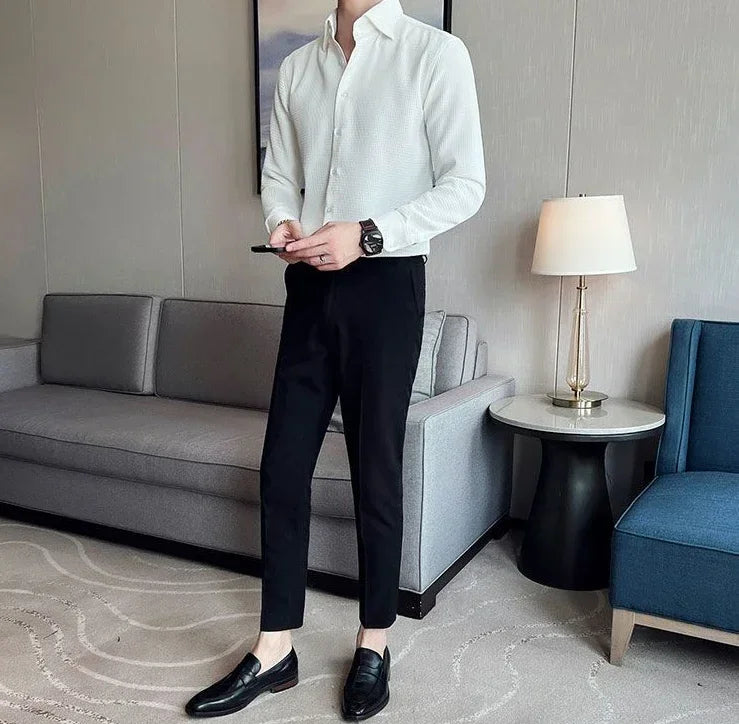 Male Shirts Green Plain Men's Shirt Business Waffle Designer Fashion 2025 Hipster Regular Elegant Slim Fit Cheap Brand Social I
