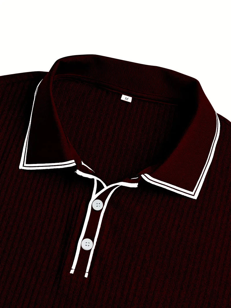 Men Ribbed Knit Polo Shirt Short Sleeve Turn Down Collar Contrast Trim Button Placket Slim Fit Casual Top