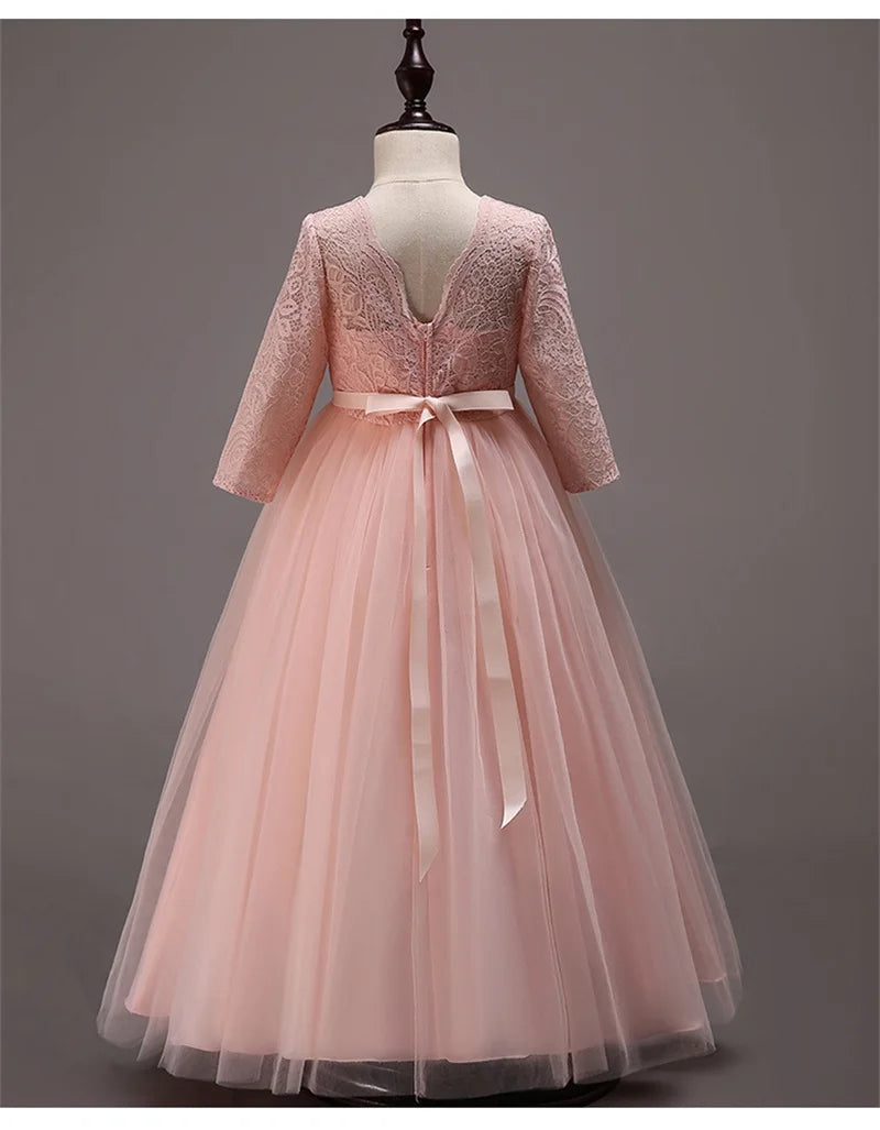Elegant Dress For Teenage Girl Lace White Long Sleeve Wedding Princess Dresses For Children Prom First Communion Long Puffy Gown