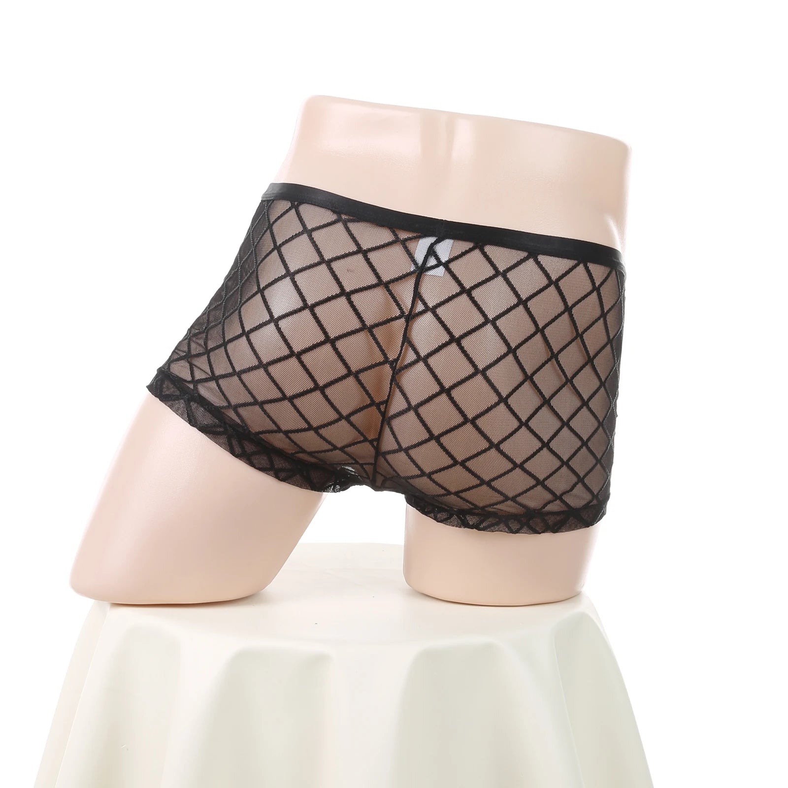 Men's Sexy Transparent Lace Panties Fishnet Sheer Boxer Shorts Breathable Low Rise Lingerie Exotic Costume Mesh Outfit