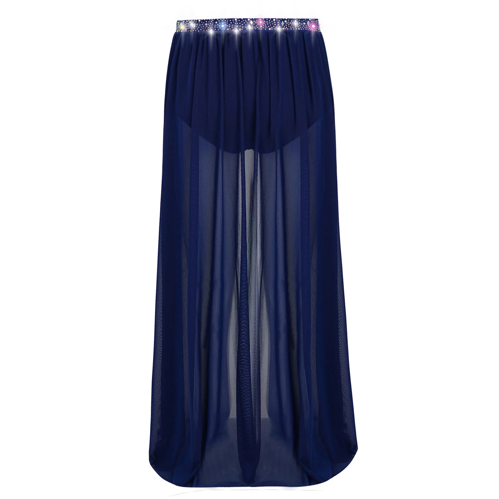 Kids Girls Lyrical Modern Dance Skirt Shiny Rhinestones Open Front Flowy Sheer Mesh Skirt with Built-in Briefs Ballet Dresses