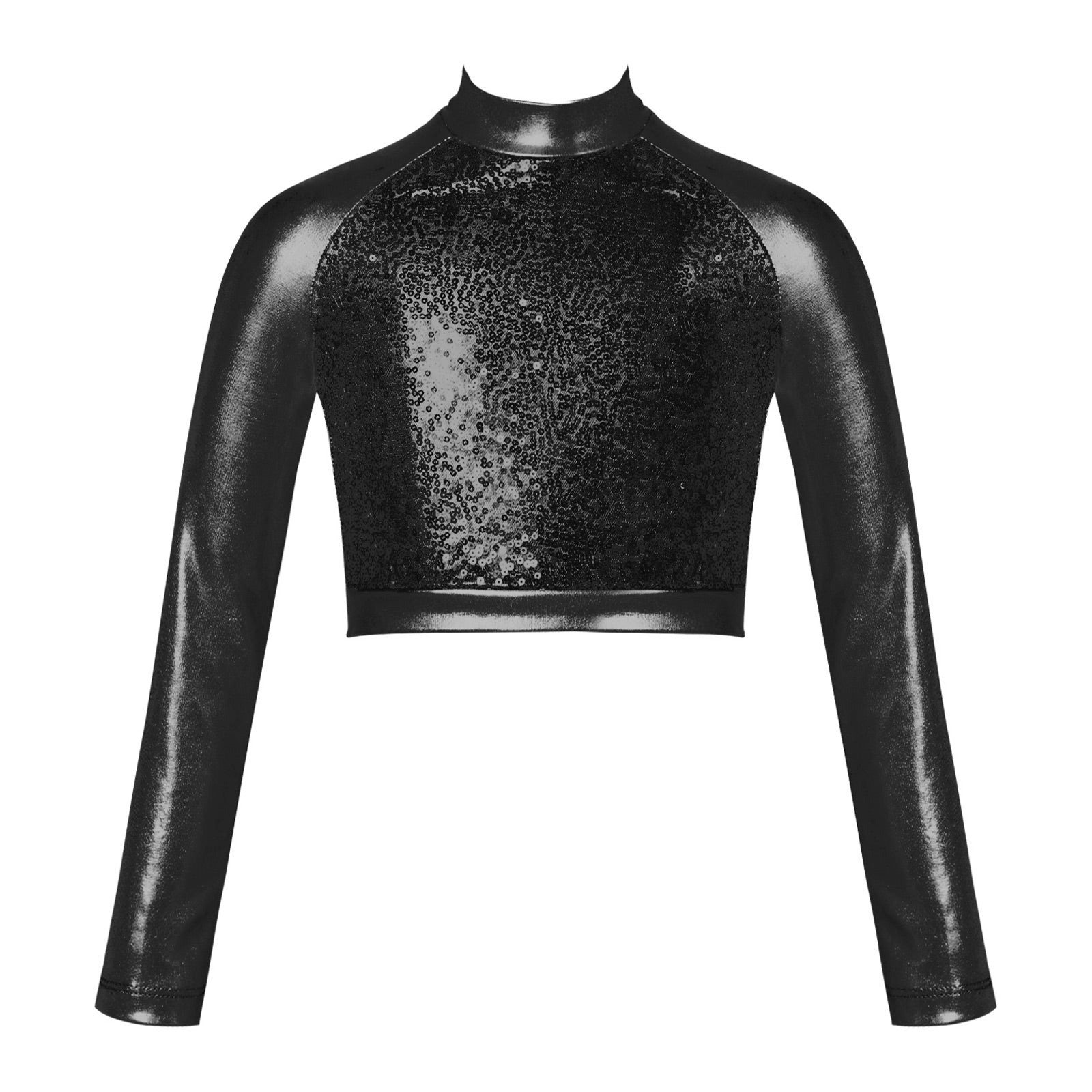 Kids Girls Shiny Metallic Crop Top Mock Neck Long Sleeve Front Sequin Fully Lined Athletic T-Shirts Jazz Hip-hop Dance Tops