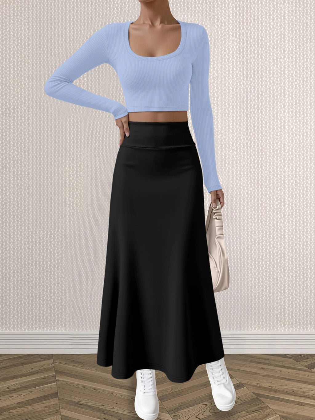 Mature Style Women 2Pcs Outfit, Ribbed Square Neck Crop Top + High Waist Draped A-Line Maxi Skirt