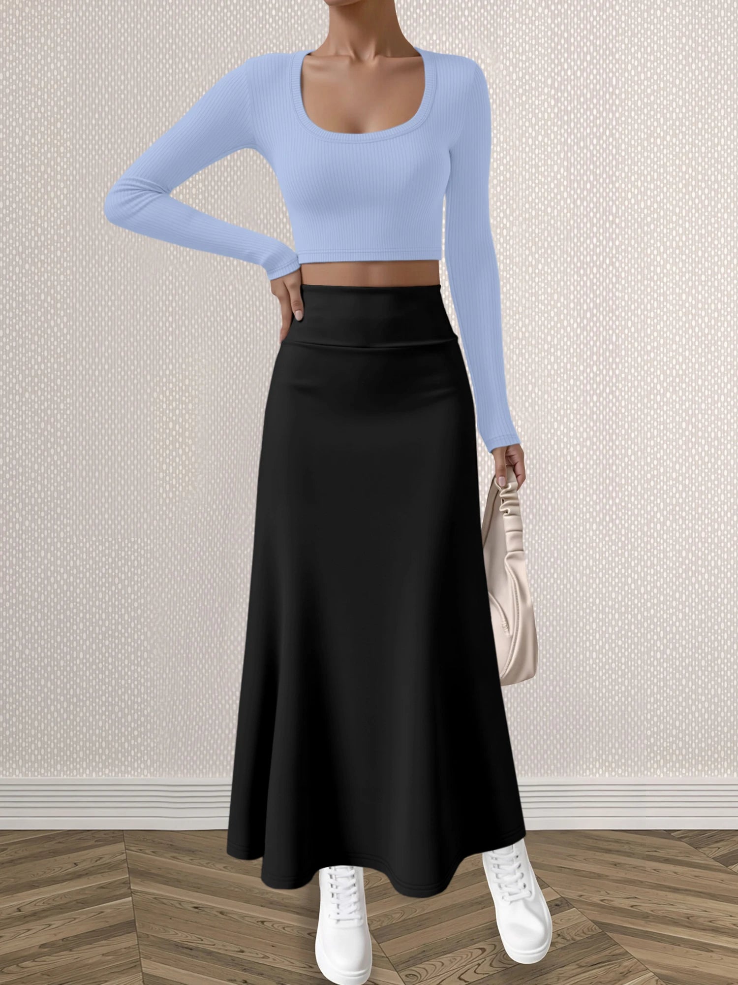Mature Style Women 2Pcs Outfit, Ribbed Square Neck Crop Top + High Waist Draped A-Line Maxi Skirt