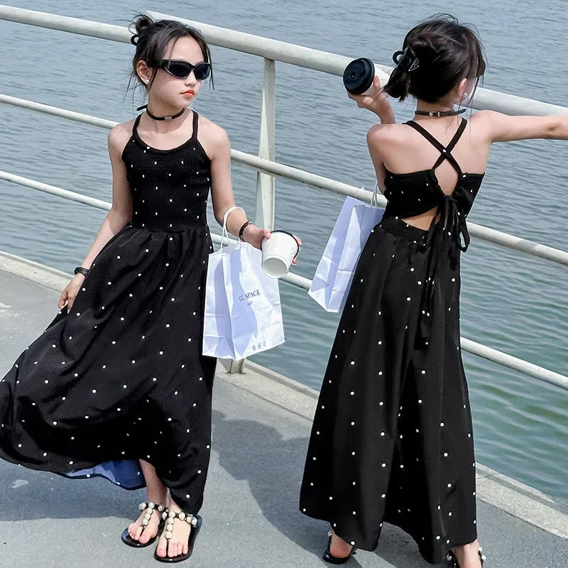 teenage girls dress design sense cross tie polka dot camisole princess dresses summer junior backless long skirt prom dresses 12