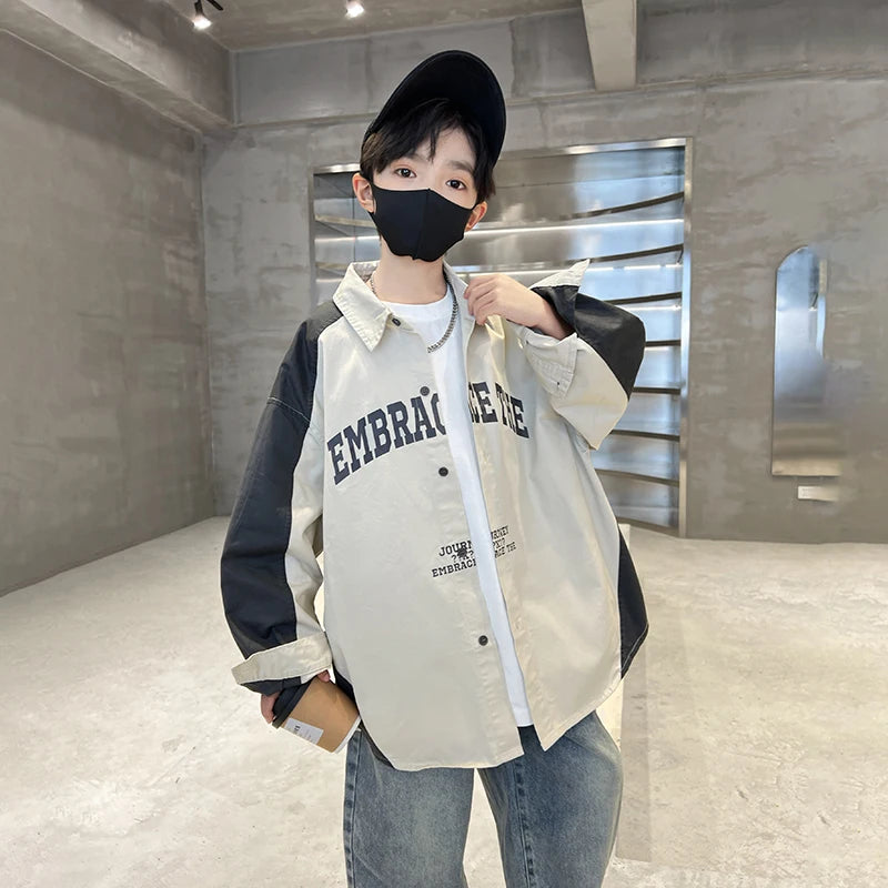 Korean Children Loose Style Long Sleeve Shirt for Teenage Boy Casual Spring Autumn Clothing School Kids Blouses Age 5 To 14 Y